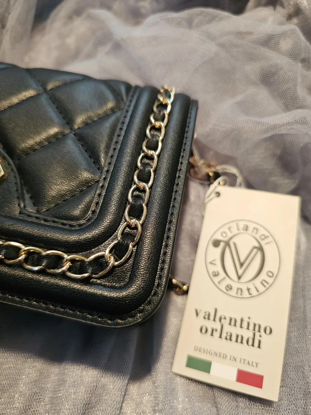 Valentino Orlandi Black Quilted Crossbody with Gold Chain Strap